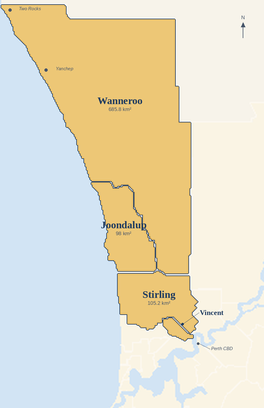 Map of Xyston's service area: City of Wanneroo including Two Rocks and Yanchep, City of Joondalup, City of Stirling, and City of Vincent, north of the Swan River in Perth